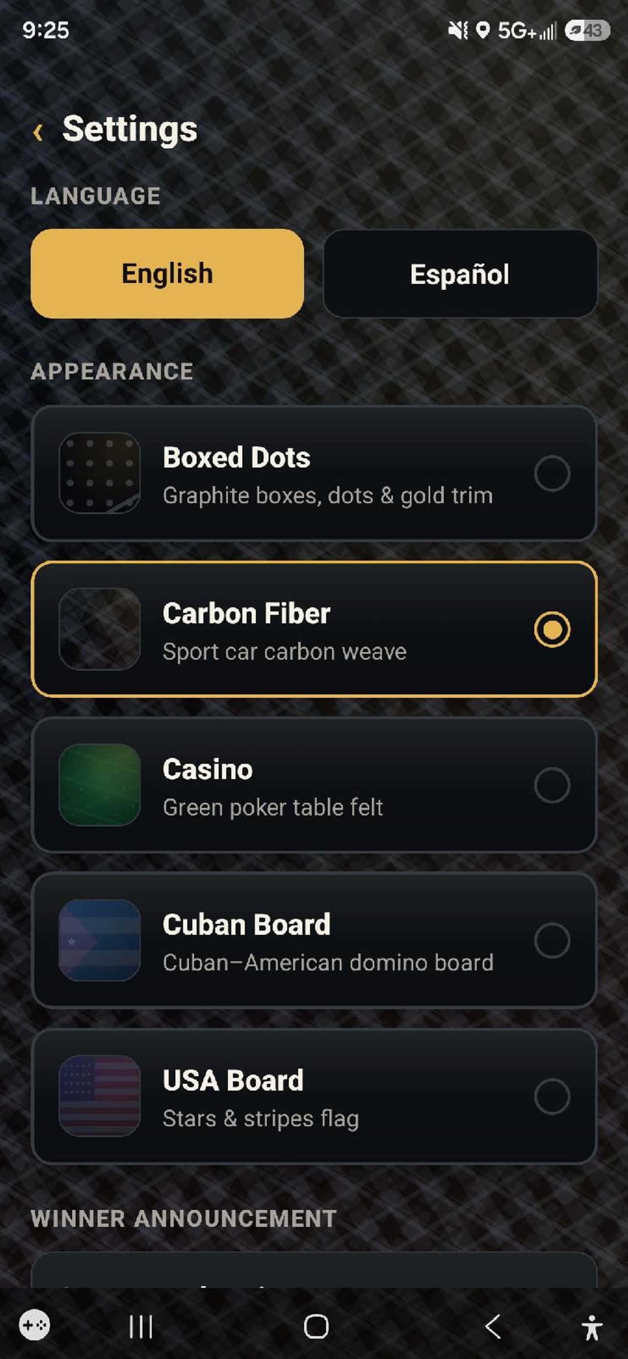 Settings screen