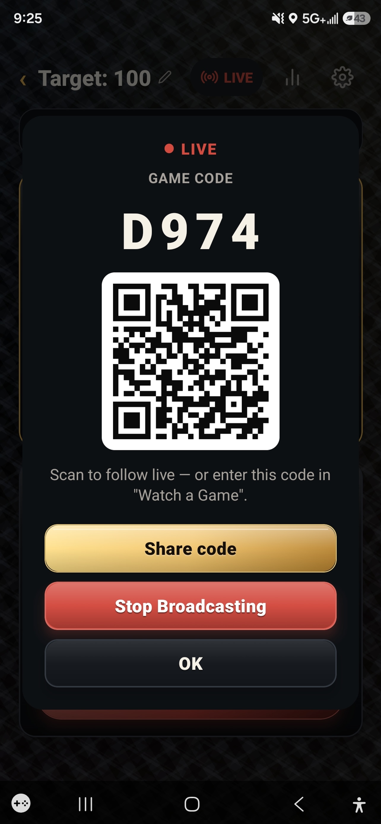 Existing app screen for sharing a game with a QR code